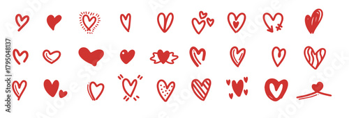 A diverse collection of hand-drawn doodle heart icons featuring various artistic styles and expressive designs. Each heart is crafted with authentic freehand sketch