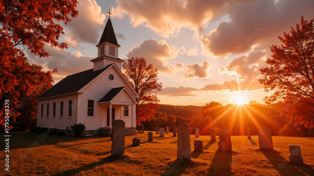 Naklejka premium Serene church surrounded by gravestones at sunset, with vibrant autumn foliage and warm glow illuminating scene