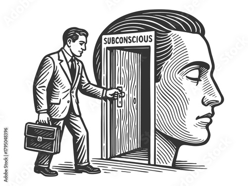 man opening a door labeled Subconscious inside a human head, inner exploration and psychology sketch engraving generative ai fictional character vector illustration. Scratch board. Black and white.