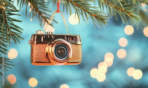 Vintage-style camera ornament with gold glitter hanging on a christmas tree branch, soft bokeh lights creating a festive background