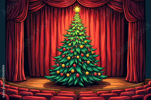 Christmas tree on stage with festive decorations and red curtains