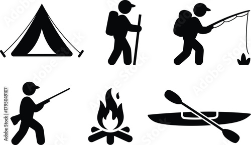 Camping and Outdoor Adventure Silhouette Icons Set — Hiking, Fishing, Hunting, Campfire, Kayak and Tent Vector Illustration