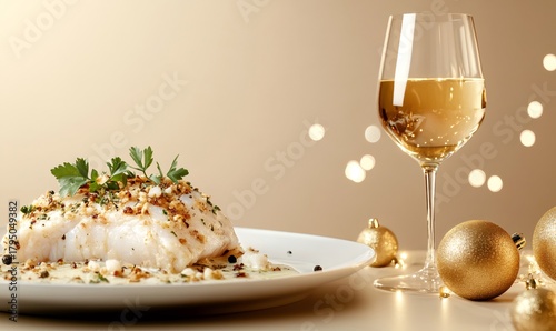 Plate of delicate white fish with herbs and nuts, paired with a glass of sparkling white wine and golden christmas baubles
