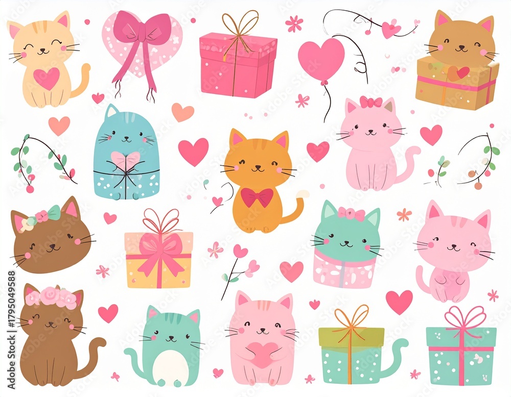 Obraz premium Cute Cat Gift Wrapping Illustration