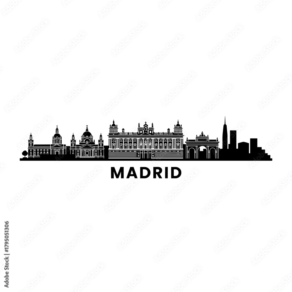 Obraz premium City skyline silhouette of Madrid with iconic buildings and text