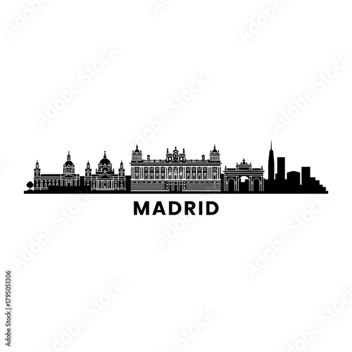 City skyline silhouette of Madrid with iconic buildings and text  