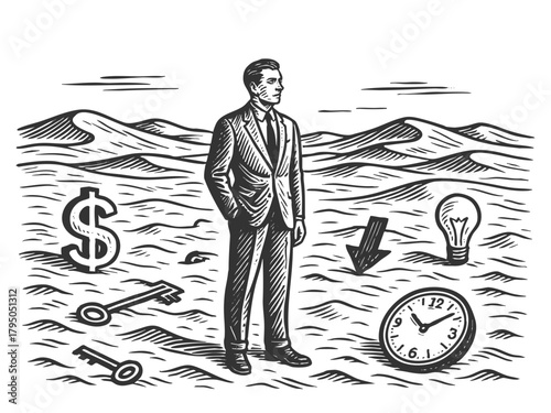 businessman standing in a symbolic desert surrounded by icons of money, time, ideas, and opportunity sketch engraving generative ai vector illustration. Scratch board. Black and white image.
