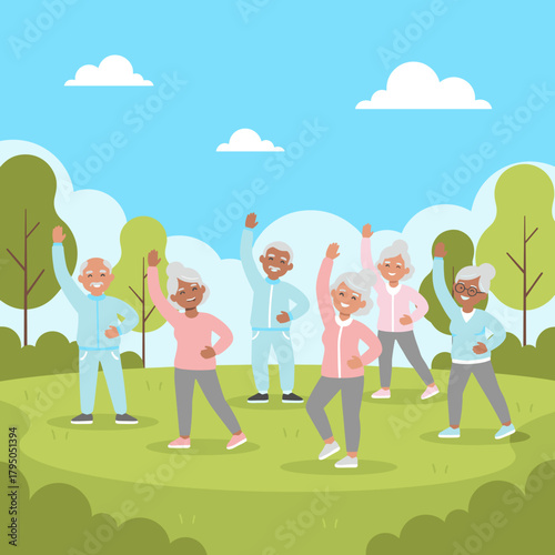 Group of elderly people exercising outdoors in a park on sunny day  