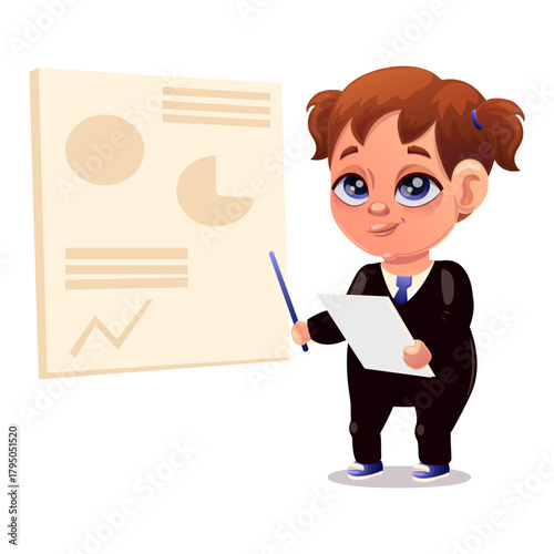 Vector illustration of a successful employee. Employee, office, joy, growth, schedule, computer, table, coffee, development, success