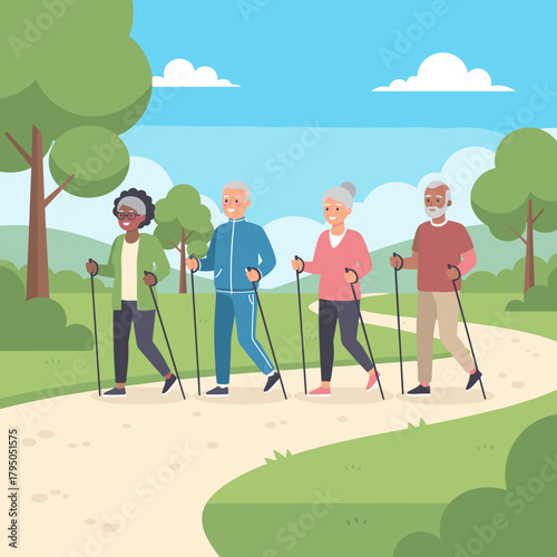 Group of elderly people walking with hiking poles in a park  