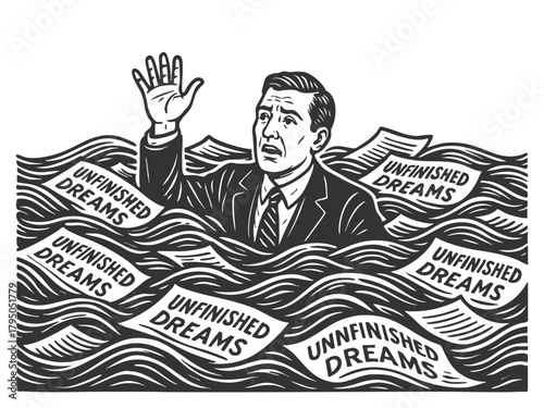 distressed businessman sinking in a sea of papers labeled Unfinished Dreams, failure, regret, and lost ambition sketch engraving generative ai vector illustration. Scratch board. Black and white.