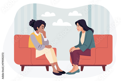 Two women sitting on chairs and talking. Psychotherapy session or psychological consultation. Mental health concept. Vector flat illiustration.