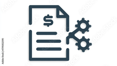 Minimal smart contract icon with dollar sign and gears on white background
