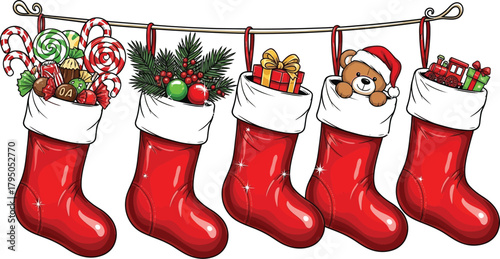 Festive Christmas stockings filled with gifts and sweets hanging in a row merry holiday professional illustration vector style artwork