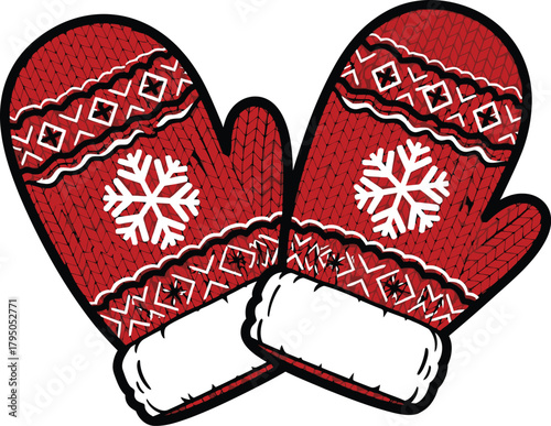 Festive red mittens with snowflake designs bring winter cheer to holiday projects professional vector flat illustration style