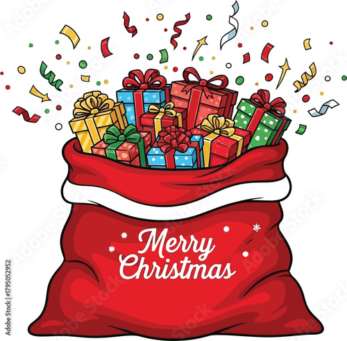 Santa's bag overflowing with presents bringing joy to Christmas morning celebrations high-resolution vector graphic for design use
