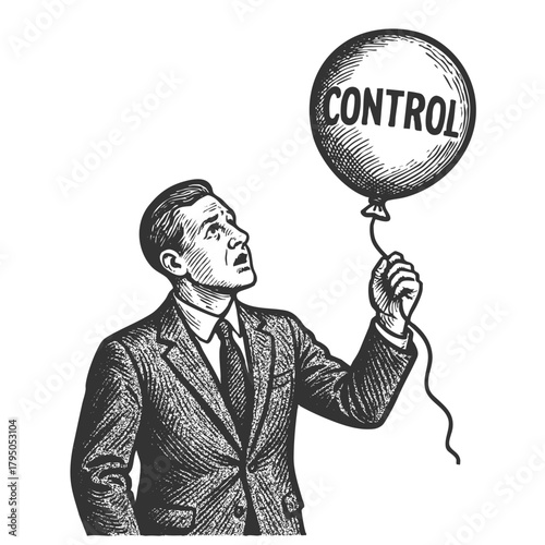 man in a suit holding a balloon labeled CONTROL, symbolizing influence or loss of power sketch engraving generative ai fictional character vector illustration. Scratch board. Black and white image.