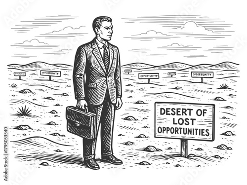 businessman holding briefcase in a barren landscape filled with signs reading Opportunity, regret and missed chances sketch engraving generative ai vector illustration. Scratch board. Black and white.