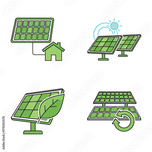 Green energy concept vector illustration set with solar panel icons for home power and eco environment