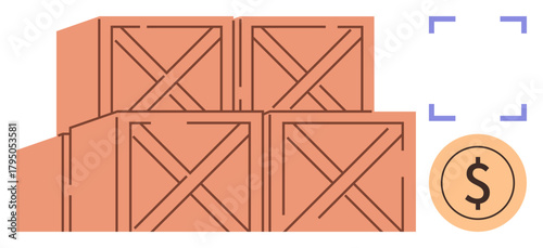 Stacked wooden crates highlighting storage, inventory, or supply chain with a dollar sign symbolizing cost, trade, or profitability. Ideal for logistics, economics, e-commerce, inventory