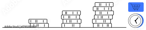 Stacked coins illustrate financial growth, with a clock and shopping cart symbolizing time management, shopping, and budgeting. Ideal for finance, savings, investment, time value, e-commerce