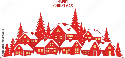 Cozy red village nestled in snowy pines evokes warm holiday cheer clean editable vector concept artwork