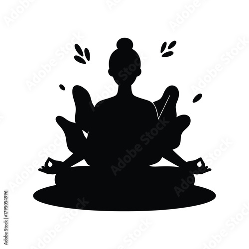 A black silhouette of a person in a meditative lotus pose, with small leaf-like shapes floating around.