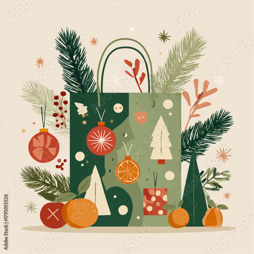 A reusable cloth gift bag with Christmas symbols and eco-friendly elements for sustainable holiday packaging and branding