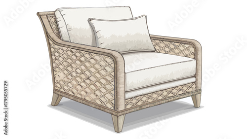 Elegant wicker armchair with soft cushions offers stylish comfort, perfect for cozy living spaces or relaxing nooks, bringing a touch of natural charm to any room