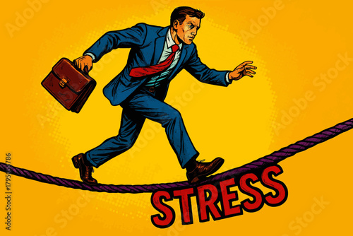 businessman walking a tightrope labeled STRESS, symbolizing pressure, anxiety, and work-life balance. Generative ai vector colorful pop art illustration.