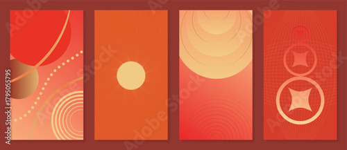 Chinese New Year background in red and gold vector design with circular waves, glowing rings and abstract festive shapes — elegant design for wallpaper, packaging and digital prints.