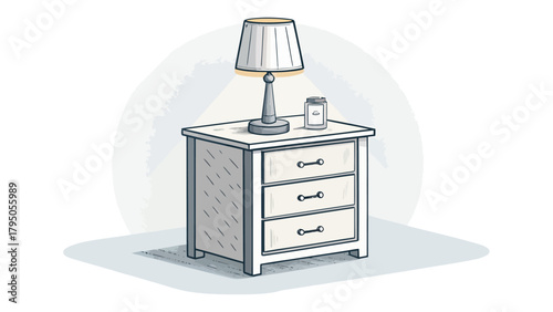 Charming bedside table with lamp illuminates cozy bedroom, evokes peaceful bedtime routine, perfect for interior design, home decor and relaxation themes