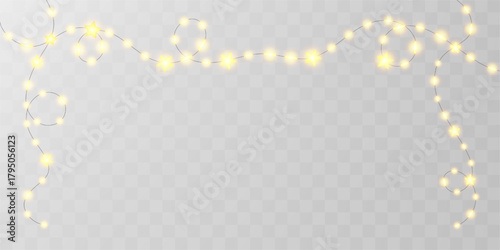 Light bulb hanging curtain, sky chirstmas star garland. Christmas fairy string decor bg, festoon png vector. White gold isolated new year chain, xmas glitter. Wedding frame, winter night header lamps