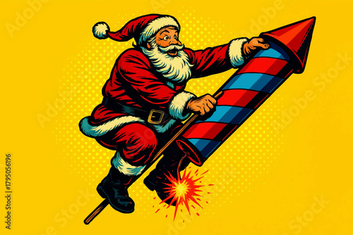 Santa Claus holding onto a lit rocket firework, symbolizing excitement, celebration, and holiday fun. Generative ai vector colorful pop art illustration.