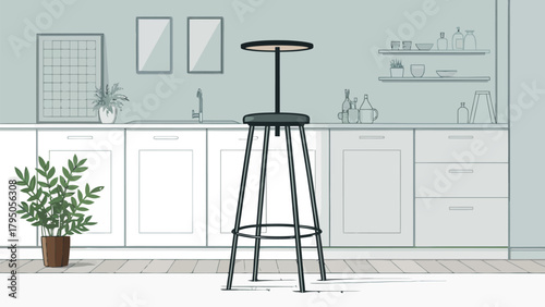 Stylish kitchen interior with modern bar stool and plants brings a fresh, contemporary vibe to home decor, perfect for design inspiration and lifestyle content