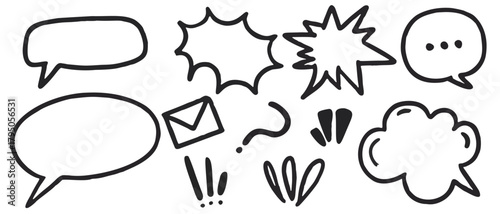 A set of playful hand-drawn cartoon elements including speech bubbles, thought clouds, bursts, punctuation marks, and a mail icon. These bold doodles are perfect for comics, creative projects, and fun