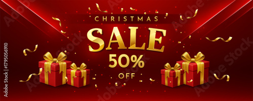 Christmas Sale banner with gift boxes, confetti, and gold text