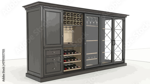 Elegant wine storage cabinet with glass doors and convenient drawers, perfect for sophisticated home décor and upscale living, creating an inviting atmosphere