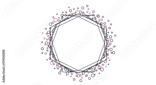 Abstract geometric frame with overlapping dark polygonal lines and scattered black and pink circles on a white background.