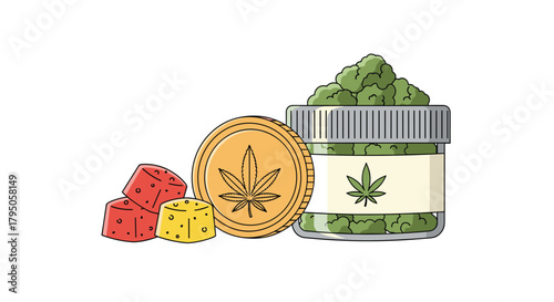 An illustration of popular cannabis products, showcasing a jar of dried marijuana flower, colorful THC-infused edibles, and a cannabis-themed golden coin.