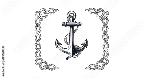 Detailed black and white illustration of a classic ship's anchor with a wrapped rope, encased by elegant vertical rope frame elements.