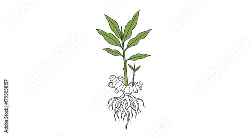 Detailed botanical illustration of a ginger plant, showing its green leaves, emerging shoots, and underground edible rhizome with fibrous roots.