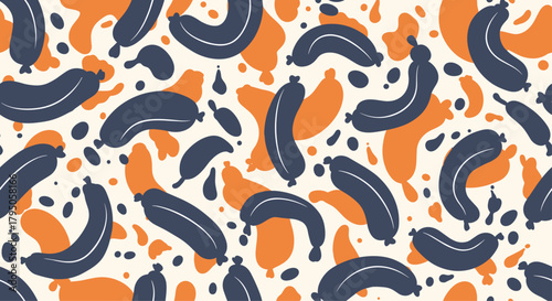 A whimsical seamless pattern featuring cartoon sausages and abstract organic shapes in a playful blue, orange, and cream color palette.