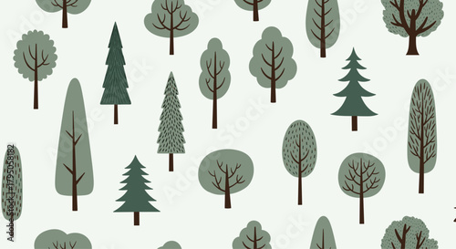 A charming seamless pattern featuring a diverse collection of stylized green and grey trees with brown trunks, perfect for nature-inspired designs.