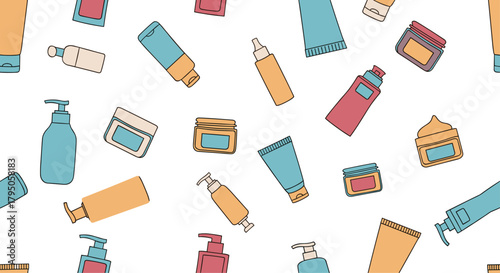 Decorative seamless pattern of assorted cosmetic and personal care products, including tubes, bottles, and jars, on a clean white background.