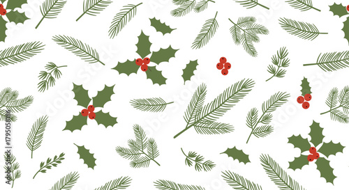 Christmas seamless pattern featuring festive green pine branches, spiky holly leaves, and vibrant red berries on a clean white background, perfect for holiday designs.