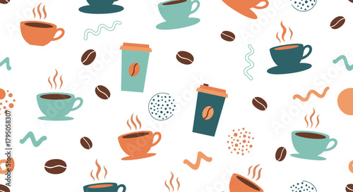 Illustrative seamless pattern featuring an assortment of steaming coffee cups, disposable cups, and scattered coffee beans in warm and cool tones.
