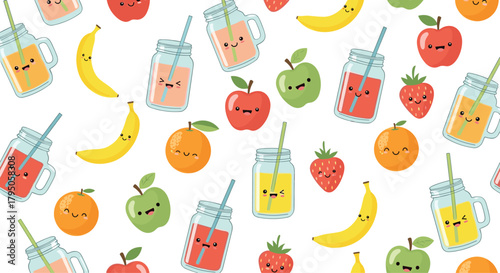 A delightful seamless pattern featuring a variety of cute cartoon fruits like apples, bananas, oranges, strawberries, and fun juice jars with kawaii faces.
