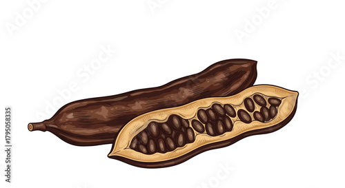 Botanical illustration of ripe carob pods, featuring one intact pod and another longitudinally sectioned to reveal its dark brown edible seeds.