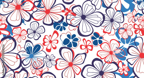 Seamless pattern of retro-style floral design with stylized red and blue flowers and outlines on a white background for textiles, fabric, and decor.